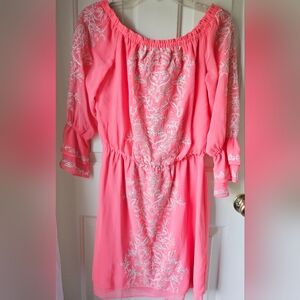 White House Black Market Coral Dress with White Embroidery